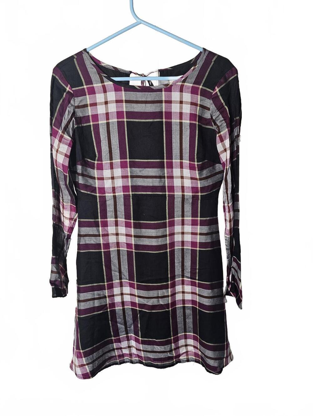 Plaid Long Sleeve Tunic Dress with Tie Back Detail